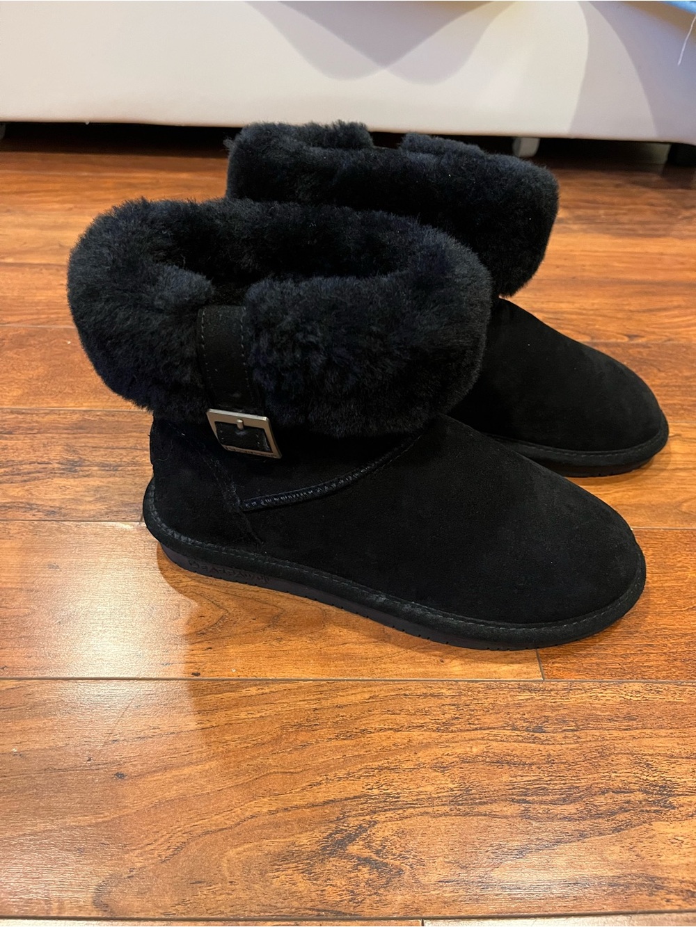 BearPaw Black Suede Shearling Cuff Ankle Slippers